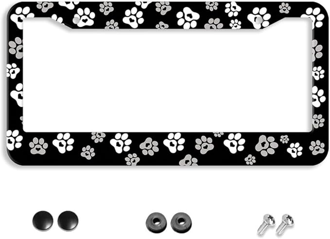 Paw Print License Plate Frame - 1 Pcs Black White Dog Lovers Paw Design License Plate Covers Aluminum Metal Novelty Auto Car Tag Holder with Love Hearts 2 Holes Equipped with Screws