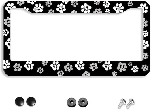 Paw Print License Plate Frame - 1 Pcs Black White Dog Lovers Paw Design License Plate Covers Aluminum Metal Novelty Auto Car Tag Holder with Love Hearts 2 Holes Equipped with Screws