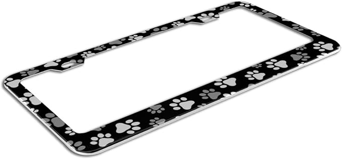 Paw Print License Plate Frame - 1 Pack Funny Animal Black White Dog Paw License Plate Holder Aluminum Metal Car Tag Cover with 2 Holes Customized Decorative for US Vehicle Standard for Women Men