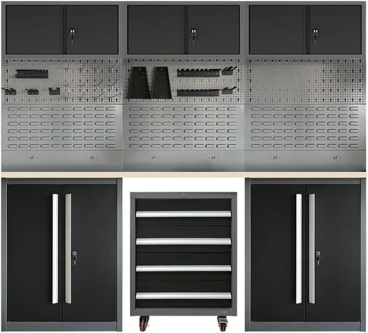 JZD Garage Tool Cabinet Set, Included Rolling Chest, for Workshop Basement Utility Room, No Wall Mounting Required