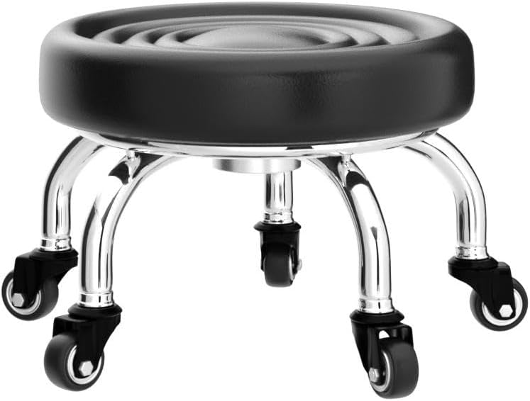 Low Rolling Stool, Low Stool with Wheels, PU Leather Low Roller Seat Stool Chair, Rolling Seat Stool for Home Office Garage Shop (Style 2)