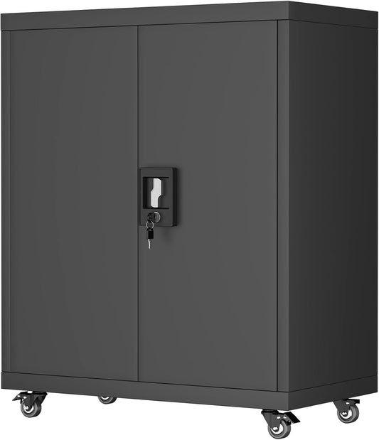 GREATMEET Garage Cabinets with Wheels, Black Garage Storage Cabinets with Doors and Adjustable Shelves，Rolling Lockable Metal Garage Storage Cabinets for Home Office Utility Room