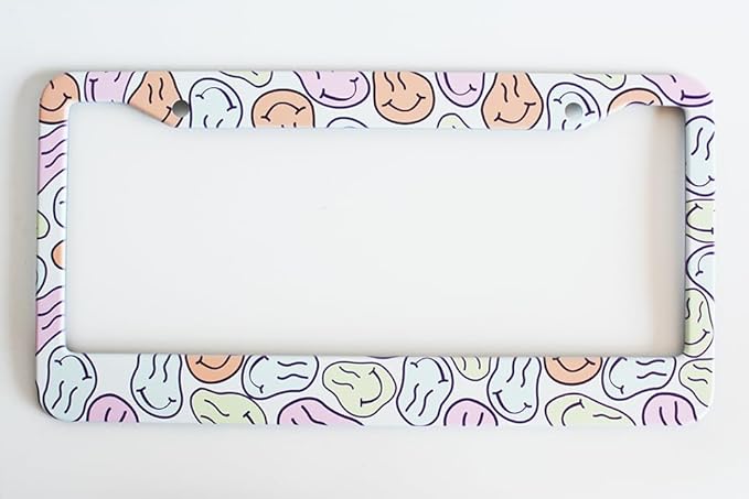 2pcs Funky Smiley face License Plate Frame for Women,Inspirational Happy face car Decorative tag Frames Girly,Vintage Smiley face License Plate Cover Holder for Vehicle with car Keychain tag