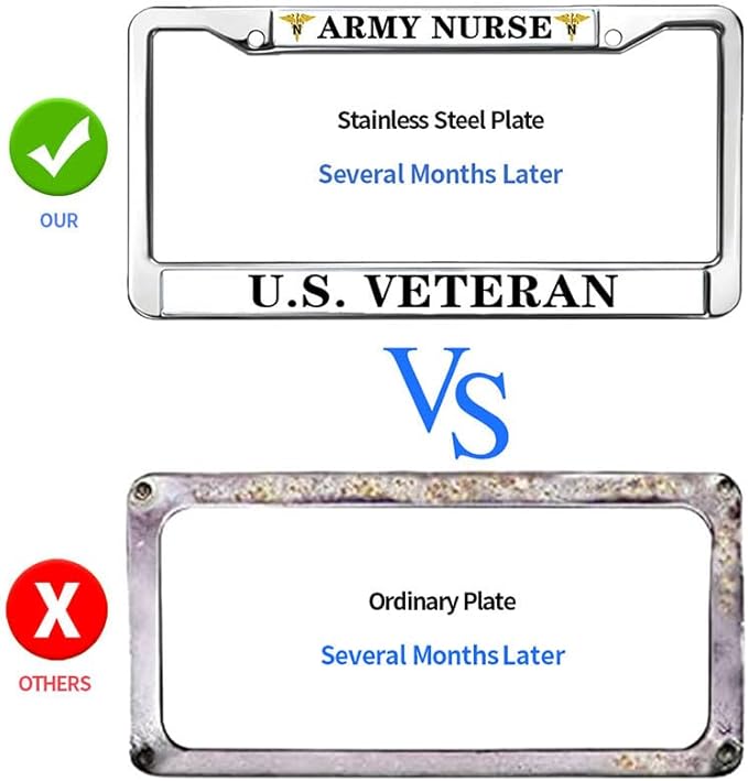 Army Nurse US Veteran Metal Chrome Auto License Plate Cover,Veteran US Army Nurse Stainless Steel Car Licence Plate Covers for US Standard Car License