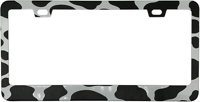 Black and White Cow Print License Plate Frame Cover, Matte White Powder Coated Stainless Steel, Animal Print Auto Car Tag Frame with 2 Holes & Free Screws