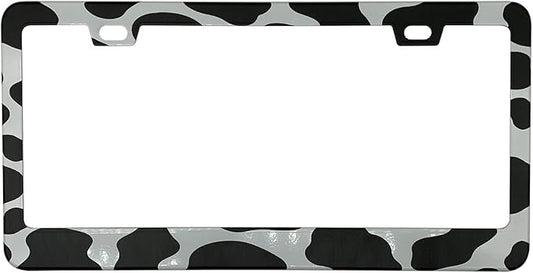 Black and White Cow Print License Plate Frame Cover, Matte White Powder Coated Stainless Steel, Animal Print Auto Car Tag Frame with 2 Holes & Free Screws