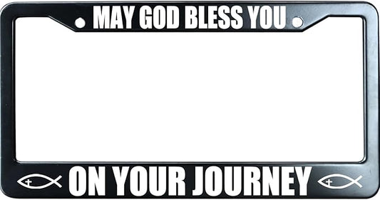 May God Bless You On Your Journey Christian License Plate Frame, Jesus/God Auto Car Tag Frame, Stainless Steel License Plate Holder UV Printed, Novelty Religious Gifts