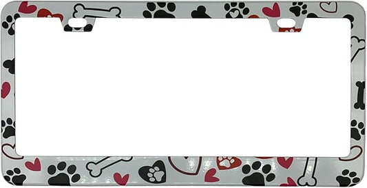 Black Dog Paw Prints Bones and Red Hearts License Plate Frame Cover, Matte White Powder Coated Stainless Steel, Animal Print Auto Car Tag Frame with 2 Holes & Free Screws