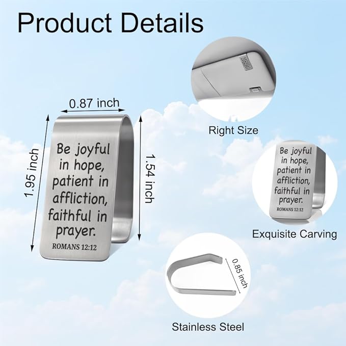 XQLZY Be Joyful in Hope Patient in Affliction Faithful in Prayer Engraved Stainless Steel Car Visor Clip, Religious Travel Visor Car Accessories, Safe Drive Gifts for Family Friend, God Prayer Gifts