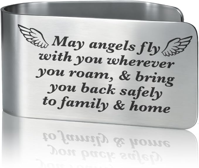 May Angels Fly with You Wherever You roam Engraved Stainless Steel Car Visor Clip, Inspirational Guardian Angel Safe Driving Gifts for Family Friend Driver Traveller, New Car Birthday Gifts