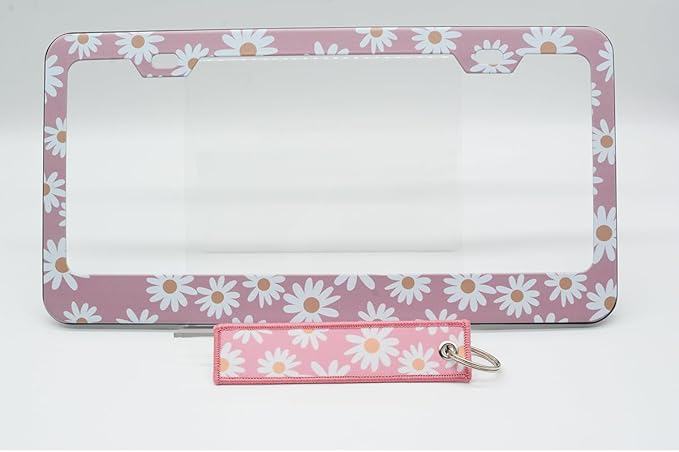 2pcs Pink Daisy Floral Aluminum License Plate Frame for Women, Daisies Flowers car Decorative tag Frames Girly, Retro Daisies License Plate Cover Holder for Vehicle with Double Sided car Keychain tag