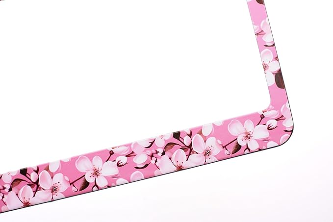 2pcs Pink Cherry Blossom License Plate Frame for Women, Pink Flower Flora Car Tag Frames Girly for Vehicle with Non Adhesive Electrostatic Sticker