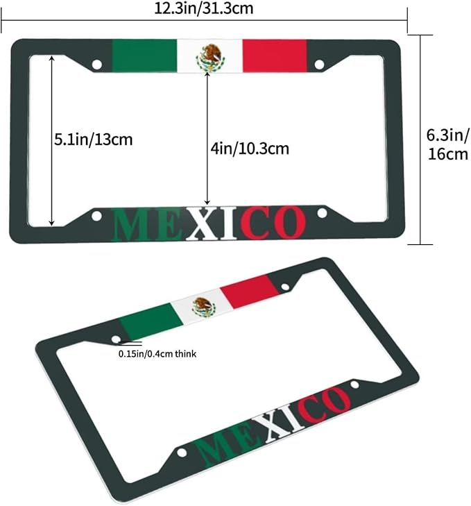 Mexican Flag License Plate Frames Personalized Flag Decoration Car Tags Aluminum Metal License Plate Covers Customized Mexican Flag License Plate Holders for Men and Women with Screw Nut（2Pcs）