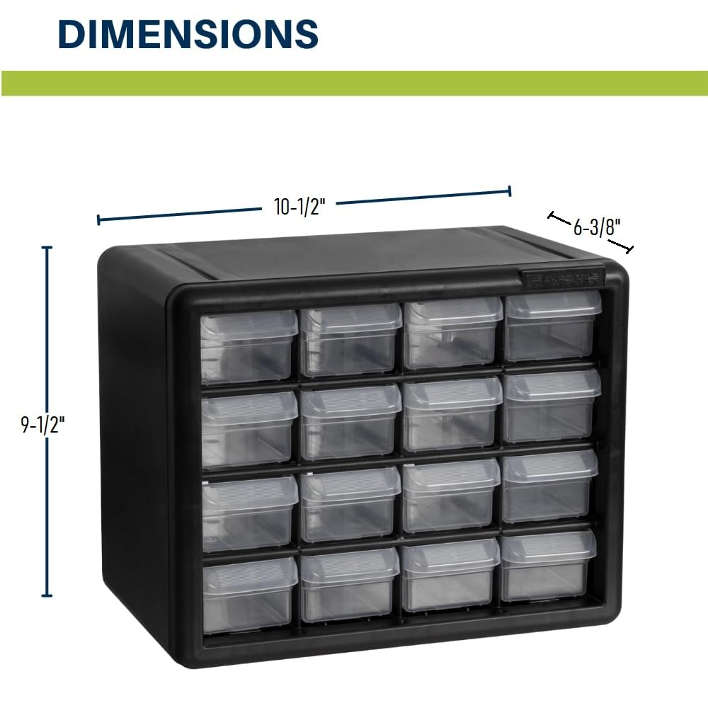 Akro-Mils 16-Drawer Plastic Drawer Storage Cabinet for Garage Organization, Beads, Makeup Organizer, Building Bricks Storage, Teacher Toolbox, 10-1/2-Inch W x 6-1/2-Inch D x 8-1/2-Inch H, 10116 Black