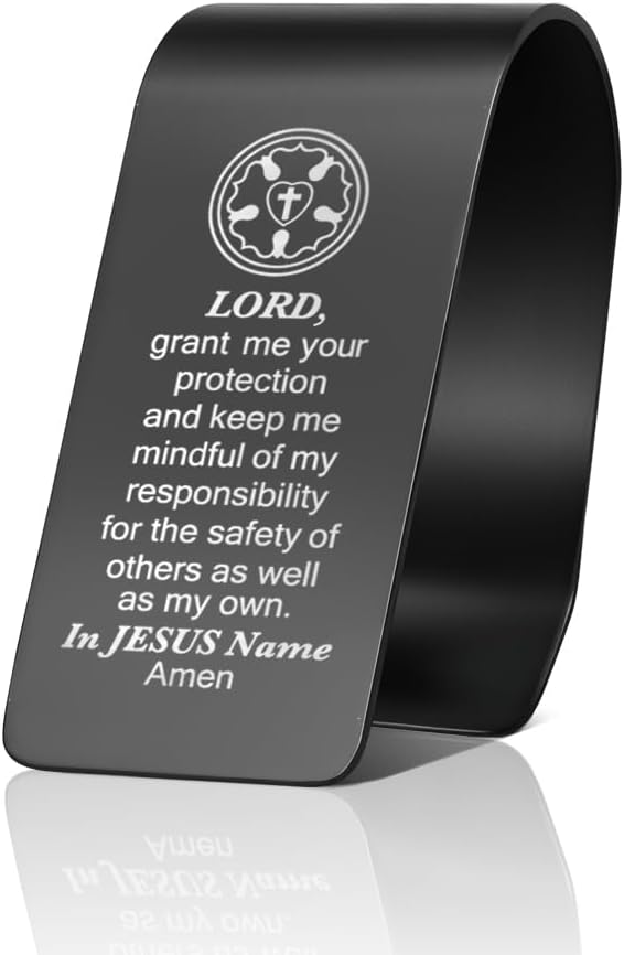 Lord Grant Me Your Protection Black Engraved Stainless Steel Car Visor Clip, Safe Driving Reminder Visor Clip for Religious Believers, Religious Thank You Gifts for New Drivers Family Friend