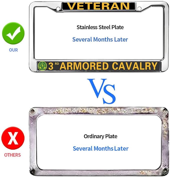 3rd Armored Cavalry Vet License Plate Frame Slim US Army US Flag Anti-Theft License Plate Frame US Veteran Power License Plate Frame for Independence Day
