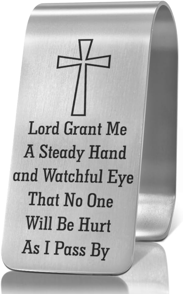 XQLZY Lord Grant Me A Steady Hand and Watchful Eye Engraved Stainless Steel Car Visor Clip, Travels Visors Car Accessories, Funny Angel Visor Clip Gifts for Family Friend Driver, God Prayer Gifts