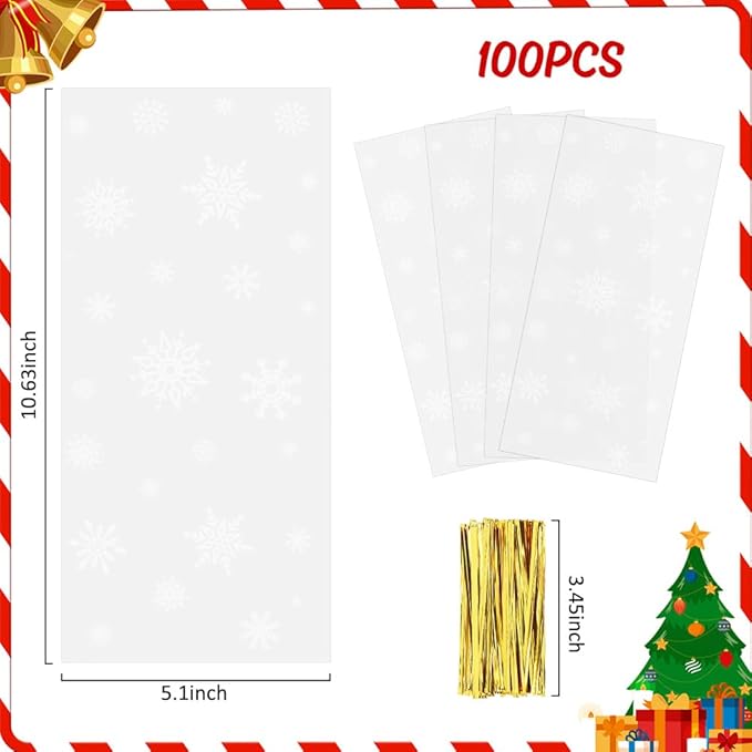 100 PCS Winter Cellophane Treat Bags(5.1x10.6 Inch) with Ties Plastic Snowflake Goodie Candy Cookie Loot Gifts Bags Bulk Pouches for Christmas Frozen Party Favors Supplies Decorations Holiday Birthday