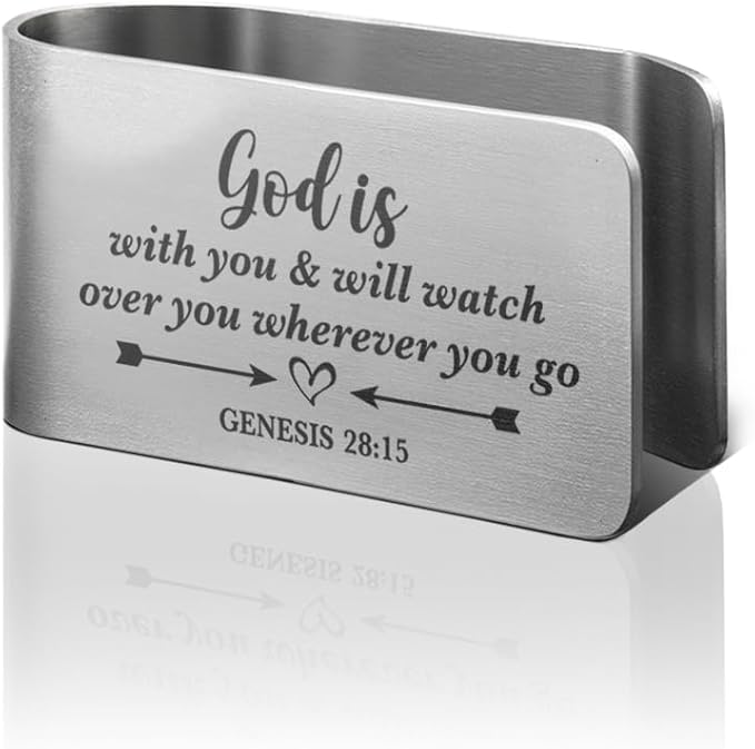 God is with You and Will Watch Over You Wherever You Go Engraved Stainless Steel Car Visor Clip, Genesis 28:15, Funny Religious Gifts for Women Men Family Friend, New Driver Gifts