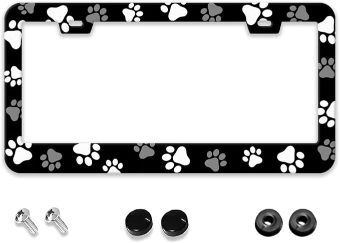 Paws Print License Plate Frame - 1 Pack Personalized Aluminum Car License Plate Cover Black and White Dog Paws License Plate Holder Universal US-Canada 2 Hole Auto Car Tag for Women/Men