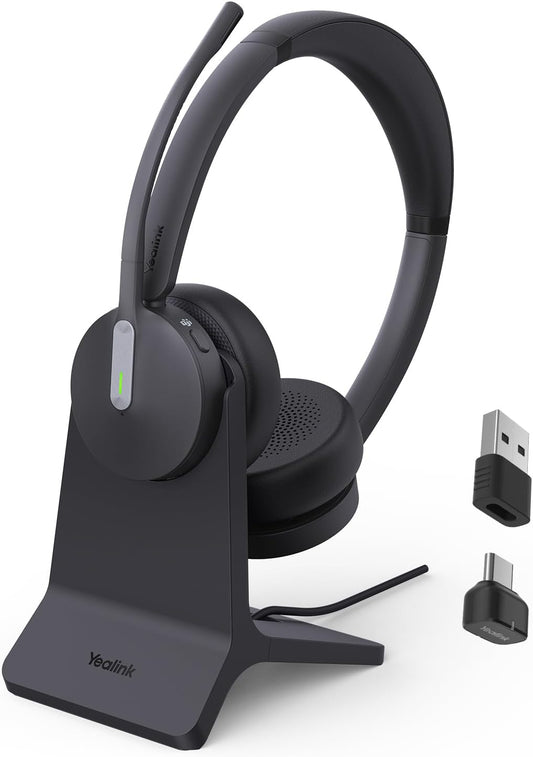 Yealink BH70 with Stand, Wireless Bluetooth Headset with Microphone for Work, Up to 35 Hours Talk Time, Teams Certified, ≤90 Minutes Quick Charging, USB-C/A Adapter, No Power Adapter Required