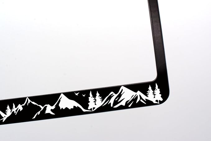 2pcs Black White Mountain License Plate Frame for Women, Forest Mountain Landscape car tag Frames Girly for Vehicle with Non Adhesive Electrostatic Sticker