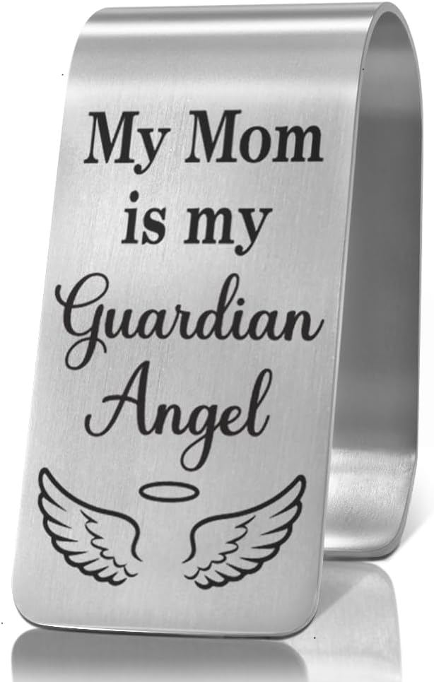 XQLZY My Mom is My Guardian Angel Engraved Stainless Steel Car Visor Clip, Travel Visor Car Accessories for Son Daughter Stepson Stepdaughter, Sweet 16 Birthday Gifts, Drive Safe Reminder Present?