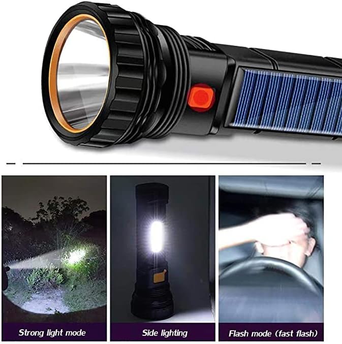 2pcs Solar/Rechargeable Multi Function 1000 Lumens LED Flashlight, with Emergency Strobe Light and 1200 Mah Battery, Emergency Power Supply and USB Charging Cable, Fast Charging (2PC)