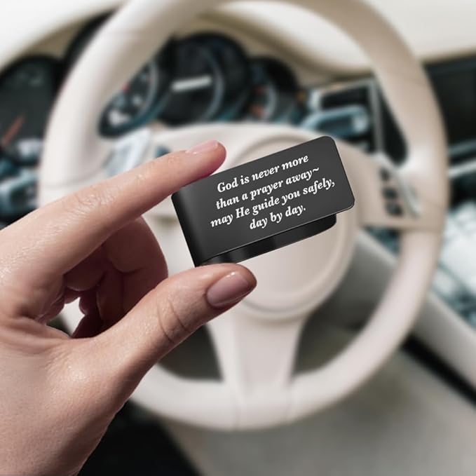 God is Never More Than A Prayer Away Black Engraved Stainless Steel Car Visor Clip, Religious Visor Clips for Cars, New Driver Gifts, Safety Prayer Thank You Gifts for Dad Mom Family Friend