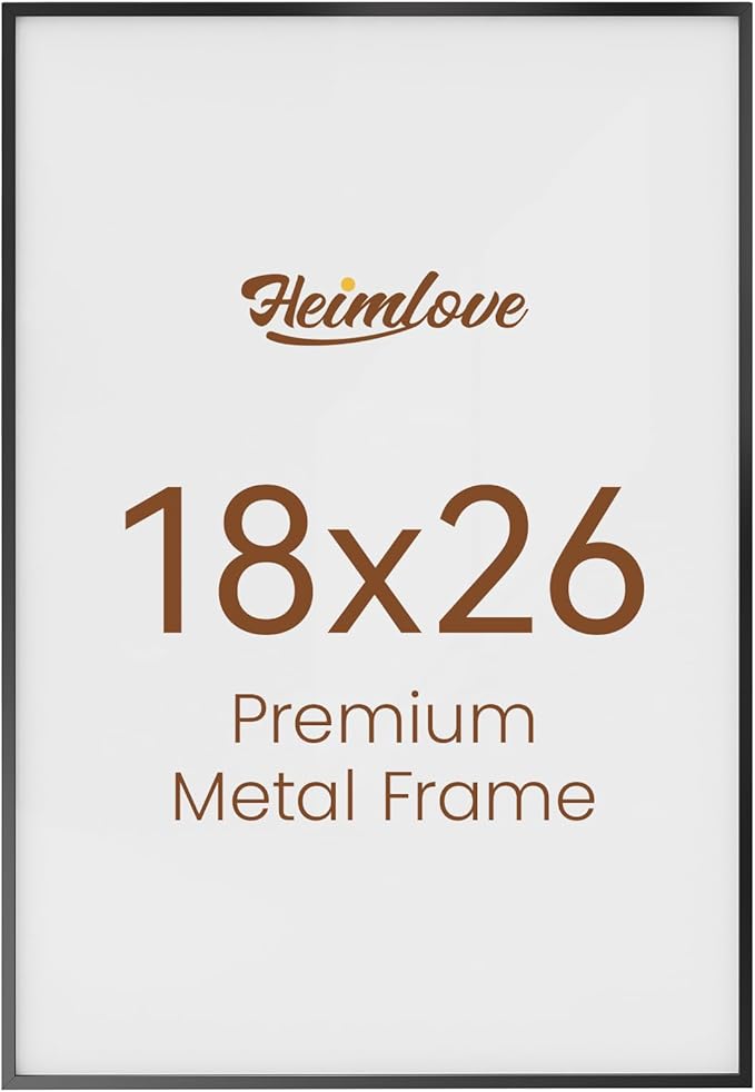 Heimlove 18x26 Metal Picture Frame,Black Aluminum Wall Gallery Poster Puzzles Artwork frames-Real Tempered Glass,Mounting Horizontally or Vertically Decor for Wall-1Pack