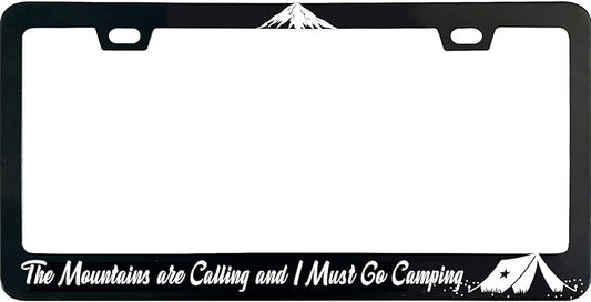 Mountains are Calling I Must Go Camping License Plate Frame, 12 X 6 Inch Black Stainless Steel Car Accessories for Women/Men, with 2 Holes & Screws