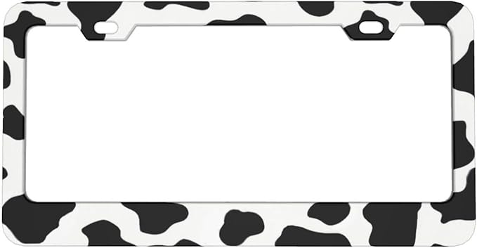 Cow Print License Plate Frame - 1 Pack Personalized Animal White Black Spot License Plate Holder Aluminum Metal Car Tag Cover with 2 Holes Decoration for US Vehicle Standard for Women Men