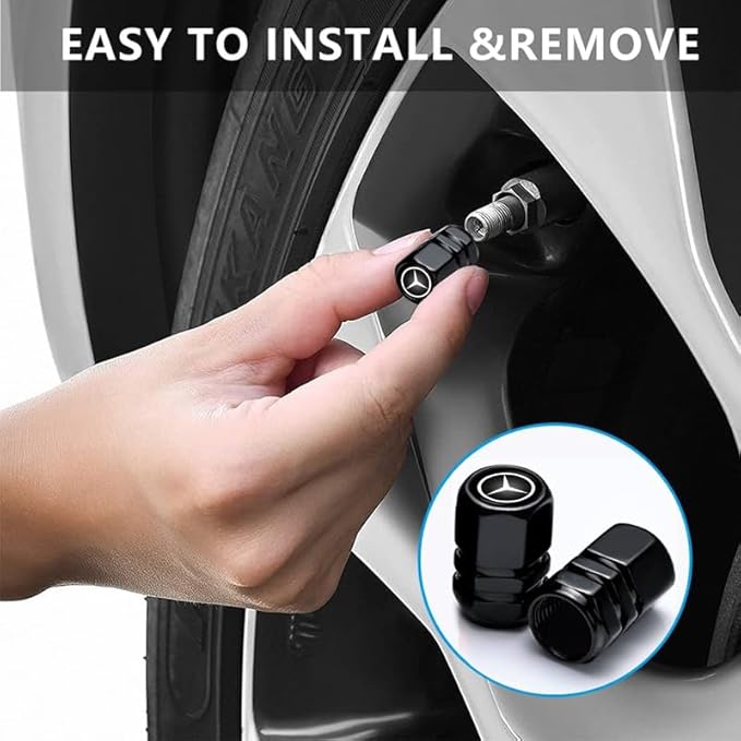 4Pcs Metal Car Tire Valve Stem Caps Compatible with Mercedes Benz CESM CLK GLK GL AB GLS GLE AMG Series, Car Tire Air Caps Cover,Easy-Grip Anti-Corrosion Alloy Leak-Proof Tire Accessories
