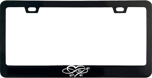 Infinity Forever Pet Paw and Heart Love License Plate Frame, 12 X 6 Inch Black Stainless Steel Car Accessories for Women/Men, with 2 Holes & Screws