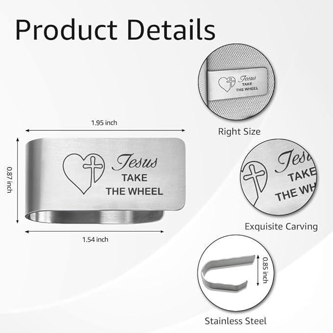 Jesus Take The Wheel Funny Religious Engraved Stainless Steel Car Visor Clip, Christian Gifts for Family Friend Driver, Travels Visor Car Accessories, Driving Safety Prayer Religious Gifts
