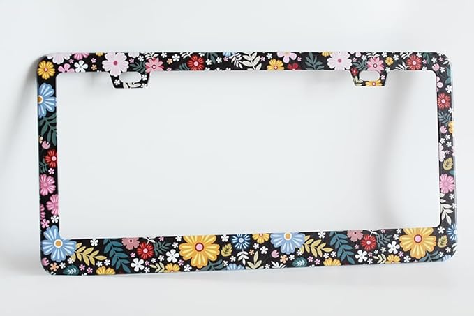 1pcs Hippie Flowers Floral License Plate Frame for Women,Yellow Black Plant Theme Floral car Decorative tag Frames Girly,Nature Flowers Floral License Plate Cover Holder for Vehicle with tag Keychain