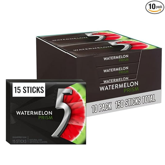 5 GUM Watermelon Prism Sugar Free Chewing Gum Bulk, 15 Stick Box (10 Pack)