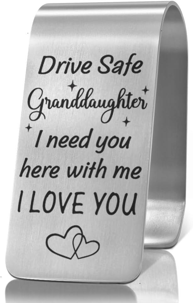 XQLZY Drive Safe Granddaughter I Need You Here with Me Engraved Stainless Steel Car Visor Clip, Inspirational Safe Driving Reminder Clip Gifts for Granddaughter, Drive Safe Gifts for New Driver