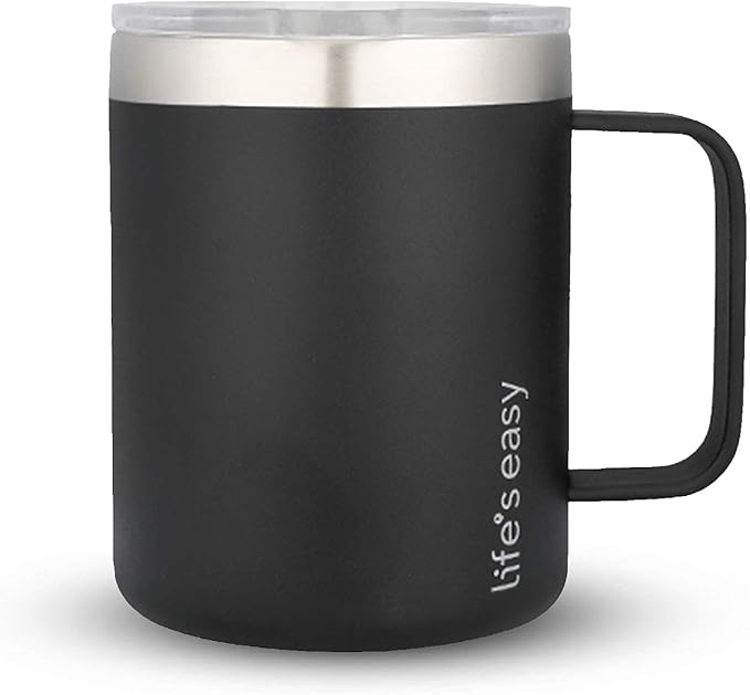 Life's Easy 12 oz Stainless Steel Mug w/Handle - Double Wall Insulated Travel Tumbler w/Flip Lid - Leak Proof Tumbler-Thermal Cup for Coffee, Tea & More - Keep Hot & Cold Drinks (Onyx, 12 oz)