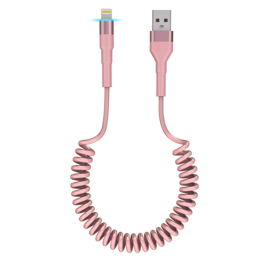 Pink Car Charger Cable - Coiled Lightning Cable for Apple CarPlay with 480Mbps Data Sync LED [MFi Certified], Fast Charging Short USB to Lightning Pink Retractable iPhone Charger Cord for Car
