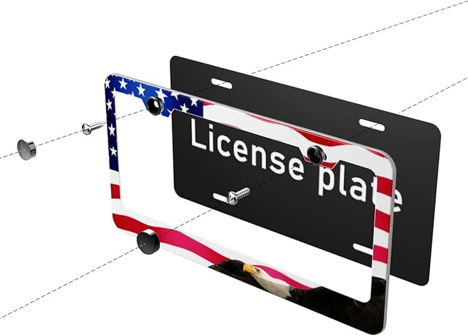 American Flag Eagle Patriotic License Plate Frames Covers Holders US American Waving Flag Eagle Car Tags Frames Holders Stainless Aluminum 2 Pack 4 Holes Decorative 2 Pcs Set for Men Women Vehicle