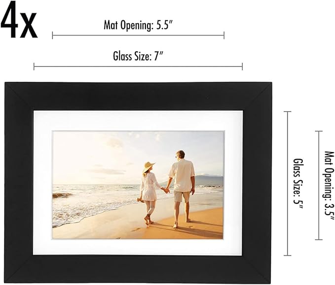 Americanflat 5x7 Picture Frame with Shatter-Resistant Glass - Set of 4 - Use as 4x6 Frame with Mat or Display 5x7 Photo Without Mat - Signature Collection - Picture Frames for Tabletop or Wall - Black