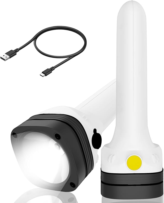 3-in-1 Flashlight: Front Beam, Standing Camp Lantern & Emergency Strobe – Simple Design, Easy for Seniors. Ideal for Camping, Home & Car Safety. USB-C Rechargeable & Lightweight.