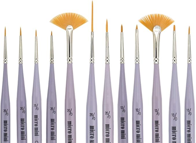 Micro Mini Fine Detail Paint Brush Set of 12 Pieces, Small Short Handle Taklon Bristles for Detailing, Paint by Number Art, Models & Nails