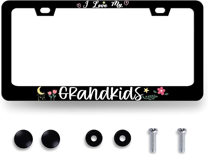 I Love My Grandkids License Plate Frame Personalized License Plate Stainless Steel Funny Text Accessory Cars Decor for Men Women 12.2 X 6.2 Inch with 2 Holes and Screws Fits Standard Us Ca Vehicles
