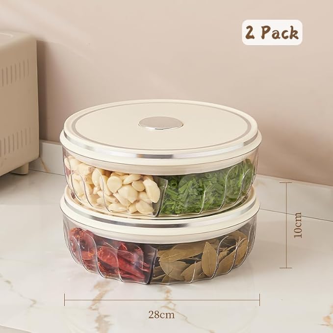2 Pack Divided Serving Tray with Push-on Lid, 5 Compartments Round Plastic Food Storage Organizer, Snack Tray for Portable Snack Platters, Clear Organizer for Candy, Fruits, Nuts