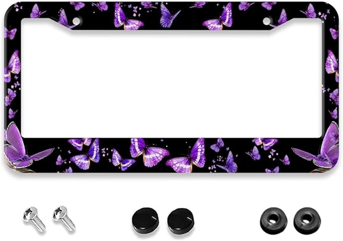 Purple Butterfly License Plate Frame - 1 Pack Personalized Aluminum Car License Plate Cover Butterfly License Plate Holder Universal US-Canada 2 Hole Auto Car Tag for Women/Men