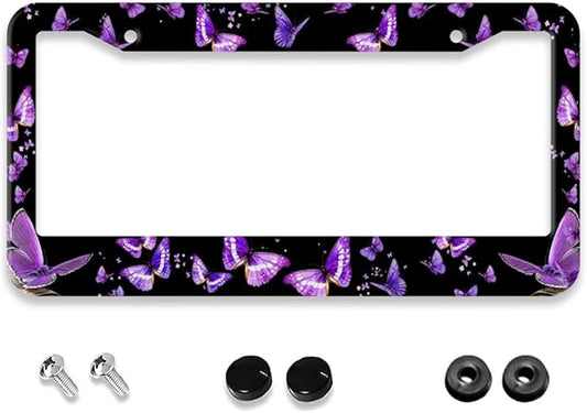 Purple Butterfly License Plate Frame - 1 Pack Personalized Aluminum Car License Plate Cover Butterfly License Plate Holder Universal US-Canada 2 Hole Auto Car Tag for Women/Men