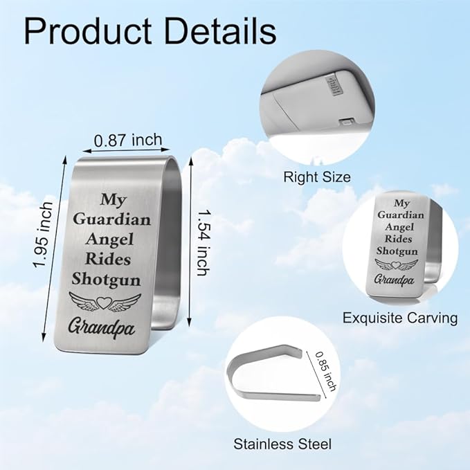 XQLZY My Guardian Angel Rides Shotgun Grandpa Engraved Stainless Steel Car Visor Clip, Travels Visors Car Accessories, Funny Angel Car Visors Clip Gifts for Grandpa Dad Brother Men, God Prayer Gifts