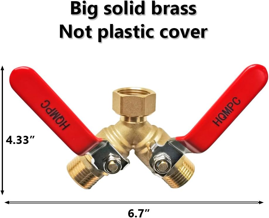 HQMPC Garden Hose Y Valve Splitter Brass Hose Splitter With Stainless Steel Long Handle Brass Garden Hose Adapter 2 Way Y Valve 3/4" GHT Thread 2pcs